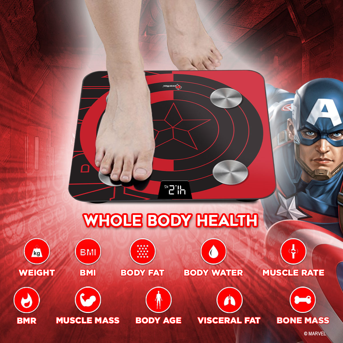 buy powermax x marvel bca-130 captain america edition bluetooth smart scale