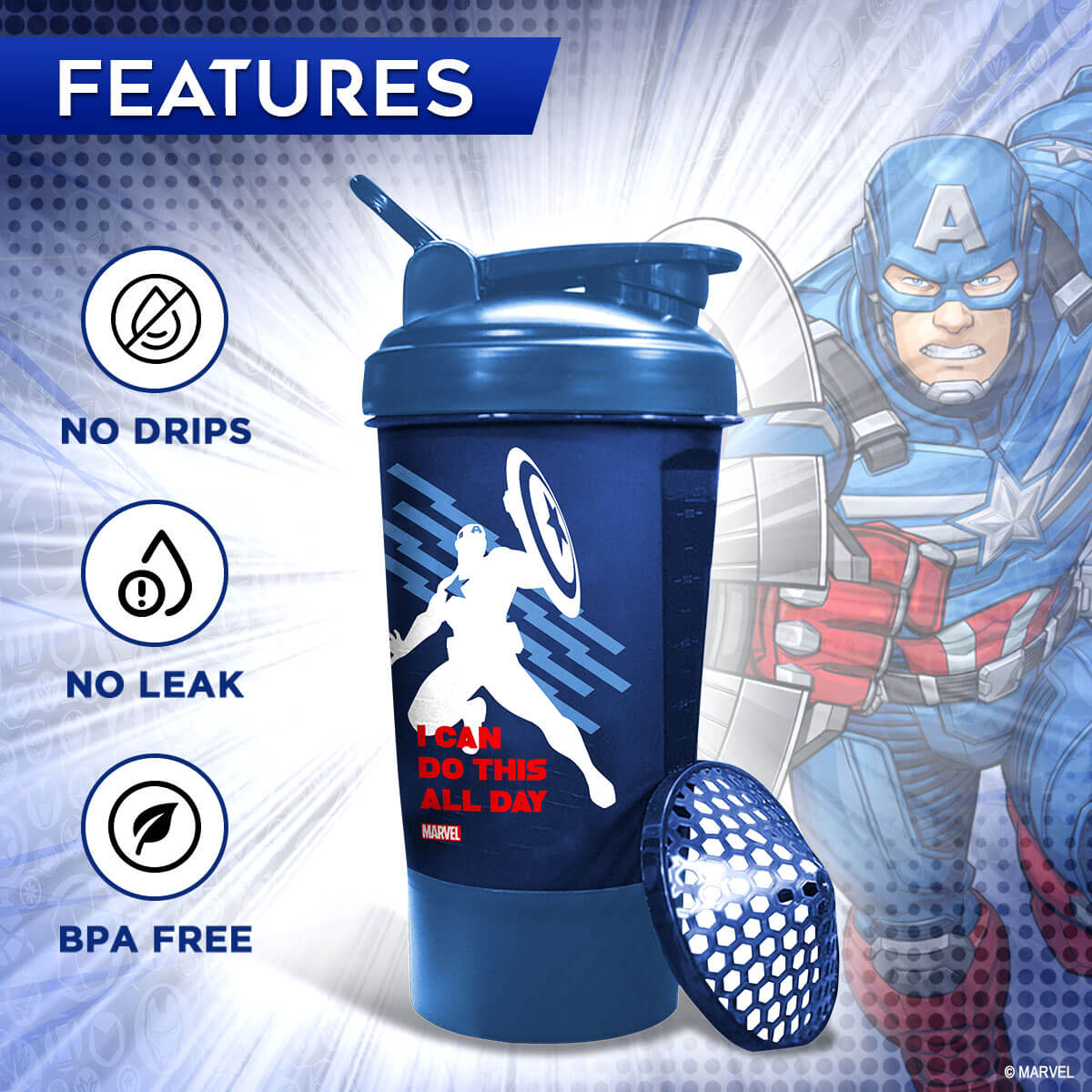 buy powermax x marvel msb-6s-ca-blue (600ml) captain america marvel edition protein shaker bottle with single storage