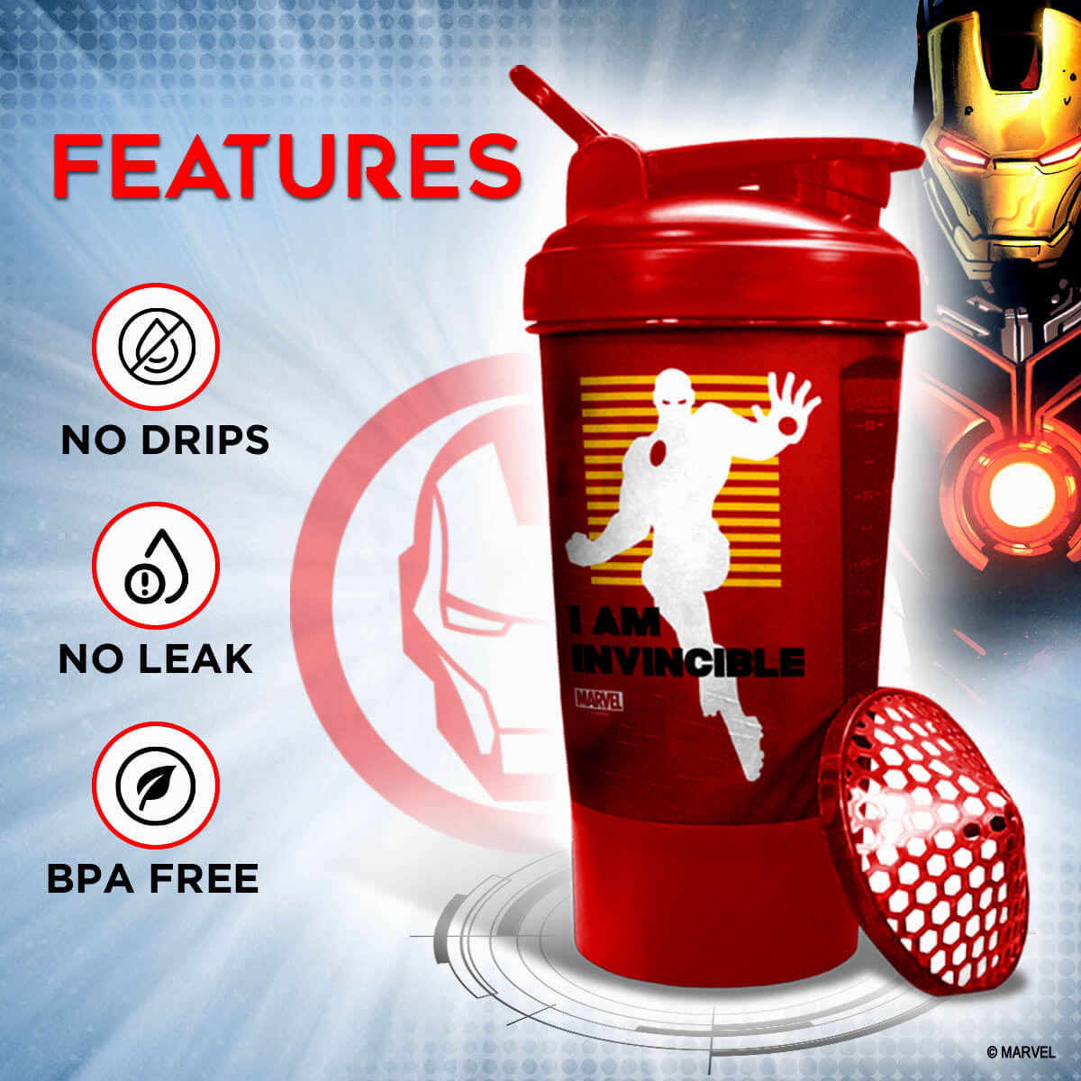 buy powermax x marvel msb-6s-im-red (600ml) ironman marvel edition protein shaker bottle with single storage